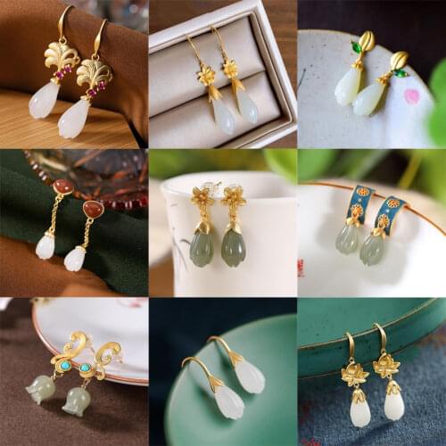 Designer original new natural Hetian jade magnolia plant exquisite earrings Chinese style elegant ladies silver jewelry