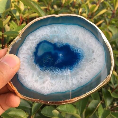 1pcs Natural agate polishing insulated coasters crystal plate agate coasters gilt lace mineral decoration