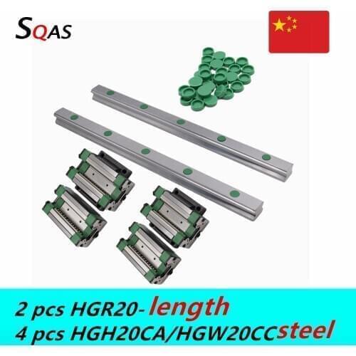 Fast deliver 2 PCS CNC linear guide linear rails HGR20 +4 PCS steel HGH20CA /HGW20CC steel carriages blocks slides for CNC