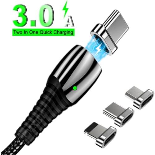 3A Magnetic Charger USB Cable Fast Charging Type C Micro USB Data Cord For iPhone Huawei Xiaomi Mobile Phone Quick Charge Cable
