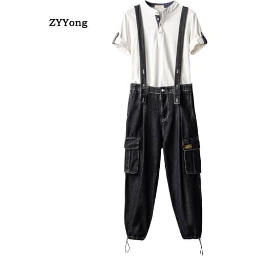 Men Bib Overalls Denim Pants Beam Feet Casual Wash Loose Fashion Hip Hop Black Jeans Streetwear Jumpsuit Freight Trousers