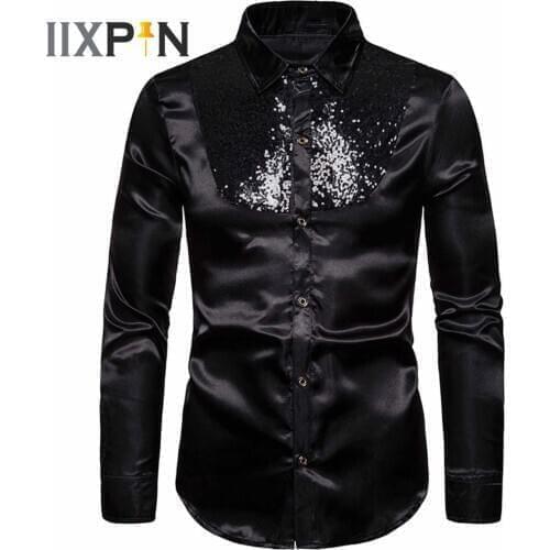 Mens Glittering Sequins Lapel Collar Long Sleeve Casual Shirt Wedding Party Tuxedo Shirt Disco Club Performance Dress Shirts
