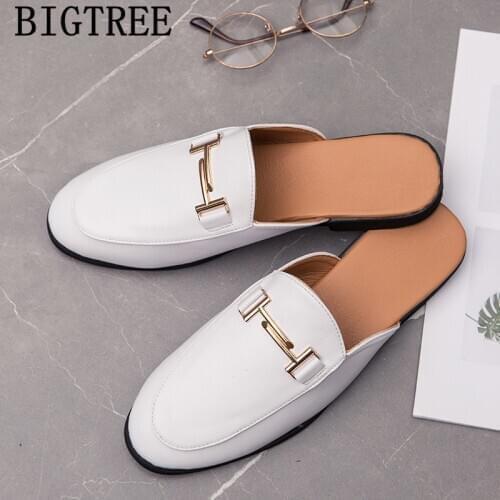 Black Mules Half Shoes for Men Leather Slippers Fashion Designer Shoes Men Luxury Zapatillas Hombre Casual Sepatu Slip on Pria