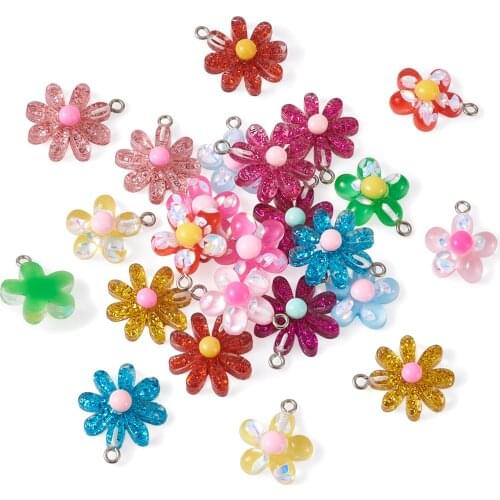 24pcs/set Mixed Color Daisy & Flower Resin Pendants For Keychain Necklace Jewelry Making DIY Accessories