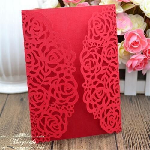 Laser cut red flower theme wedding invitation card
