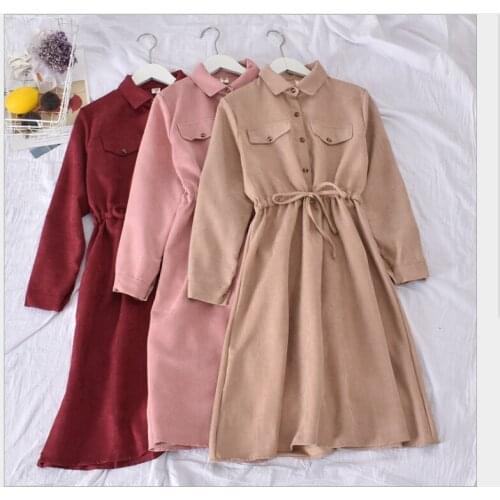 Retro Pocket Design Ladies Dress Spring New Style 2021 Mid-Length Dress Elegant Waist Solid Color POLO Neckline Drawstring