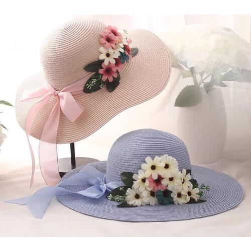 New Fashion lovely generous Summer sun hat flowers along the Mori girl line belt folding sunscreen straw hat
