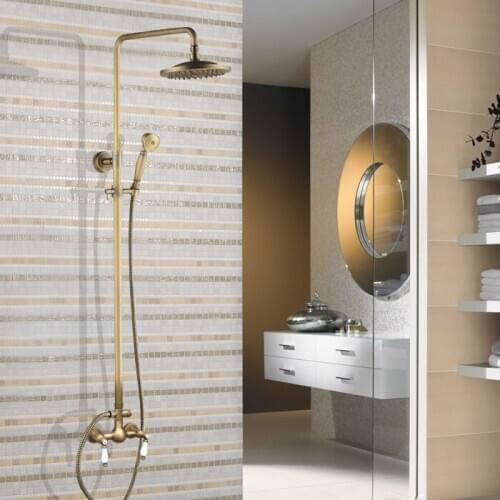 Bathroom Dual Ceramics Handles Antique Brass Wall Mounted Round Shower Head Rain & Hand Shower Faucet Mixer Tap Set aan113