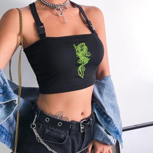 3colors Chinese Dragon Print Streetwear Women Cami Embroidery Buckle Criss-Cross Summer Top 2019 Short Tank Tops