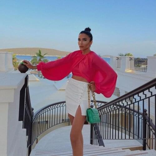 JUNWU Summer Womens Pink Round Neck Lantern Sleeve Chic Design Lantern Long Sleeve Short Top Pleated Zipper Shirt Sexy Holiday