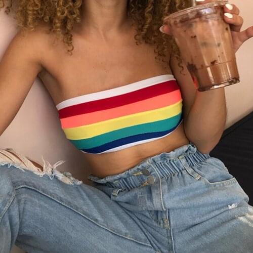 2021 Summer Women Sexy Strapless Sleeveless Tank Top Rainbow Striped Wrapped Crop Top Chest Vest Clothes Club Wear Costume