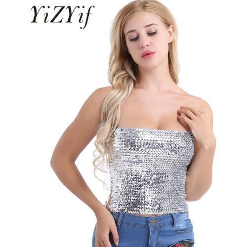 YiZYiF Womens Sequins Tube Tops Sparkling strapless top Stretch Tank Crop Top Fashion Party Clubwear Strapless Tube Top Bra