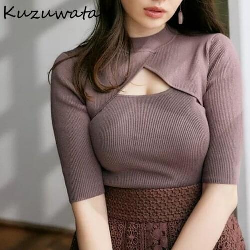 2021 Autumn New Sweet Women Sweater O Neck Sexy Hollow Criss Cross Half Sleeve Solid Slim Knitted Pullover Japan Style Jumper