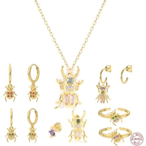 CANNER Pendant Necklace 925 Sterling Silver Hoop Earrings Colorful Insect Beetle Zircon Earring Rings Jewelry Set For Women Gift