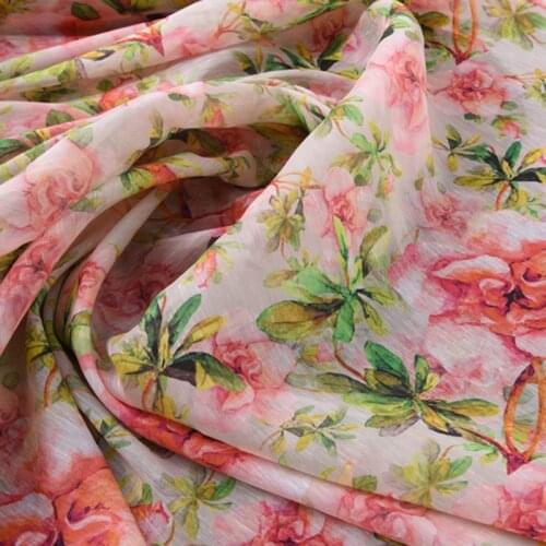 140CM Wide 19MM Red Flower Print Stiff Silk Linen Fabric for Summer and Spring Dress Clothes Jacket H232