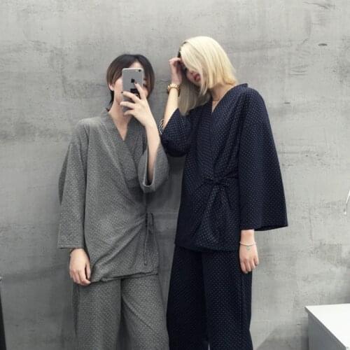 Winter Women Cotton Pajamas Japanese Tethered Kimono Pijamas Comfortable Long-sleeved Sleepwear Home Clothing Loungewear 2 Piece