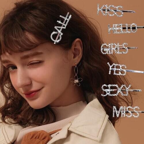 1Pc Shining Kiss Love Mine Letter Hairpins Crystal Shiny Rhinestones Word Hair Clips Women Styling Tool Girls Hairgrip Barrettes