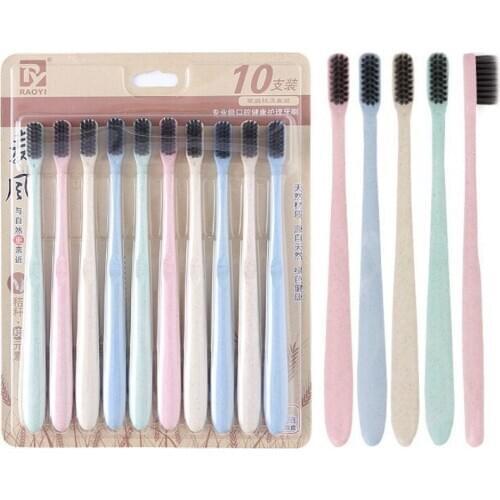 10pcs/set Eco Friendly Toothbrush Natural Wheat Straw Handle Bamboo Charcoal Bristle Adult Soft Ultra Fine Bristles Toothbrushes