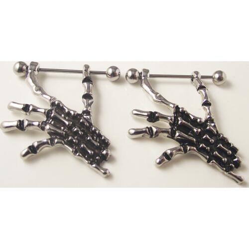 2piece 16G 1.2mm Punk Rock Human Hand Nipple Ring Shield Rings Body Piercing Jewelry Skull Nipple Barbell Rings