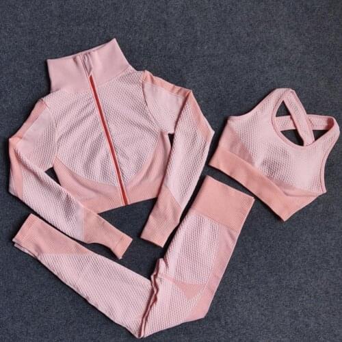 3pcs/set Women Yoga Set Seamless long Sleeve zipper Coat Crop Top High Waist Fitness Yoga Pants Sport Yoga Suit Women Outfits