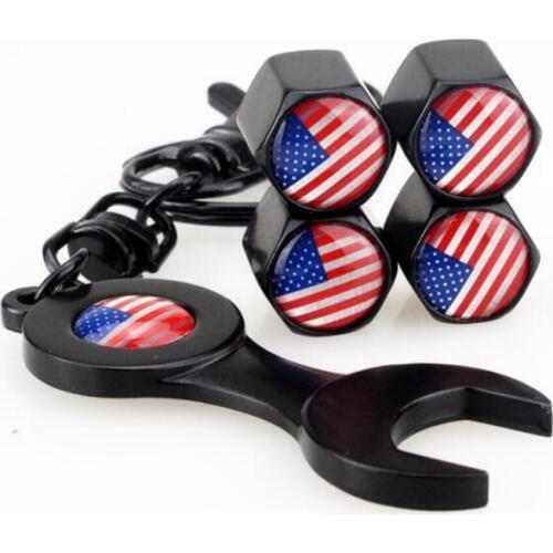 4pcs Tire Accessories American Flag Logo Wheels Valve Caps Wrench for Ford Mondeo MK4 Focus 2 3 C-max S-max Ranger Kuga Transit