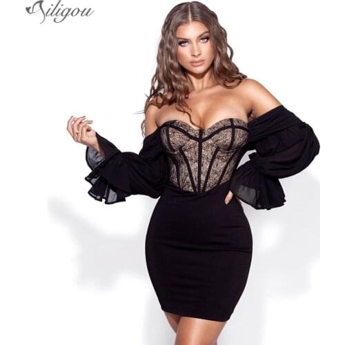 Ailigou Ladies Summer Ladies Fashion Sexy Strapless Black Lace Mini Tight Bandage Dress 2021 Elegant Celebrity Club Dress