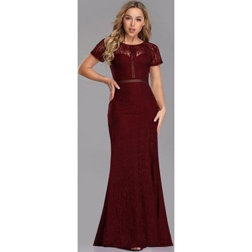 Burgundy Floral Print Evening Dress Elegant Empire Short Sleeves O-Neck Mermaid Floor-Length Plus Size Women Formal Gowns D928