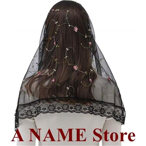 Black Embroided Floral Lace Mantilla Catholic Veil for Church Rond Wrap Scarf Head Latin Mass Chapel velo negra Voiles Mantille