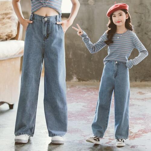 Girls Denim Jeans Wide Leg Pants Kids Solid Straight Jeans Korean Casual Trousers Spring and Autumn Children Clothes for 3-13Y