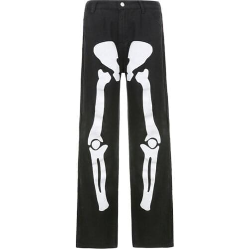 Y2k Aesthetic Baggy Jeans Halloween Skeleton Print Hohe Taille Denim Hosen Relaxed Fit Gerade Weites Bein Streetwear