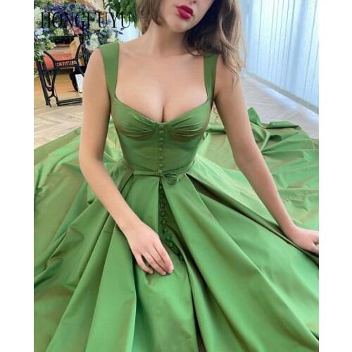 Hongfuyu Green A Line Long Evening Dresses With Buttoned Top Belt Bow Pockets Satin Prom Gowns Formal Dress 2021