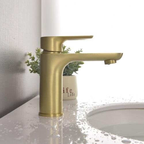 SHAMANDA Brass Bathroom Faucet, Single Handle One Hole Brushed Gold Bathroom Sink Faucet with cUPC Water Supply Lines