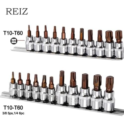 REIZ 1/4 3/8 Socket Set 11Pcs Hex Torx Star Screwdriver Bit Set Tamper Proof Bit Driver Press-fit Sleeves For Car Repair Tools