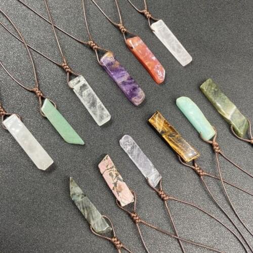 Irregular Brown Rope Choker Flat Strips Stone Healing Crystal Quartz Pillar Pendant Necklace Wholesale Charms Jewelry