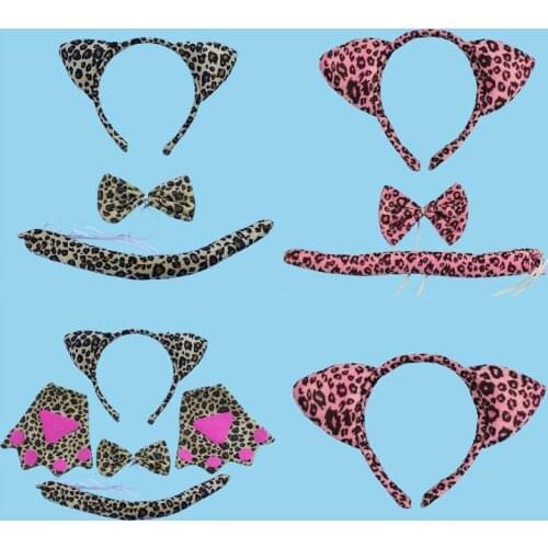 Makeup Party Adult Child Leopard Animal Ears Hairband Headband Tail Tie Costume Accessory Birthday Halloween Party Favor