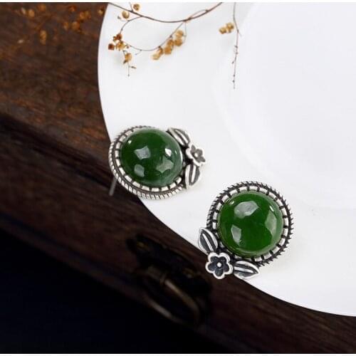 Silver Natural, Hetian jade, plum blossom, retro classic, high quality personality, ladies' ear studs earrings