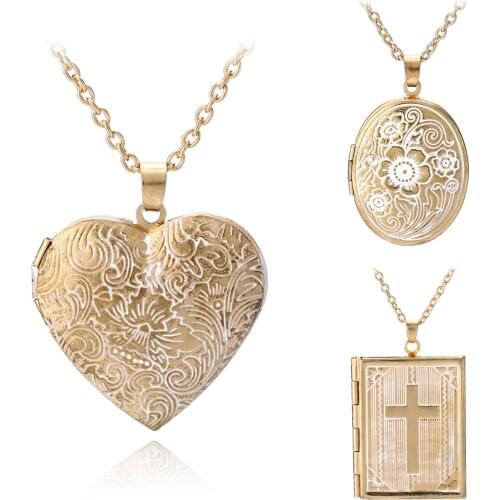 Shellhard Cross Locket Necklace Fashion Gold Color Trendy Jewelry Memory Heart Photo Locket Necklaces Pendants For Women Men