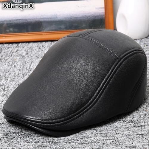 XdanqinX Snapback Cap Genuine Leather Hat Mens Sheepskin Leather Berets Leather Cap Adjustable Size Autumn Winter Men Black Hat