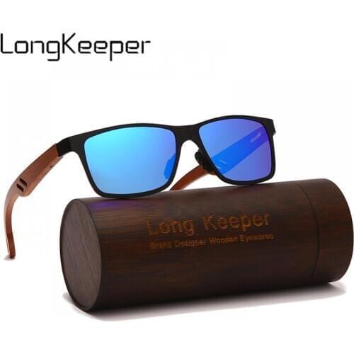 LongKeeper Mens Polarized Sunglasses With Bamboo Box Women Vintage Wooden Square Sun Glasses Male Mirror Goggle Driving Oculos