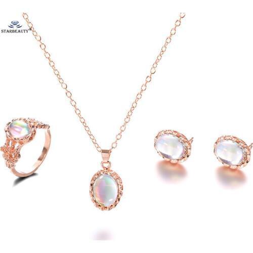 Starbeauty Oval Gem Necklace Earrings Ring Bridal Jewelry Sets for Women Long Necklace Set Pendant Necklace Ladies Ear Piercing