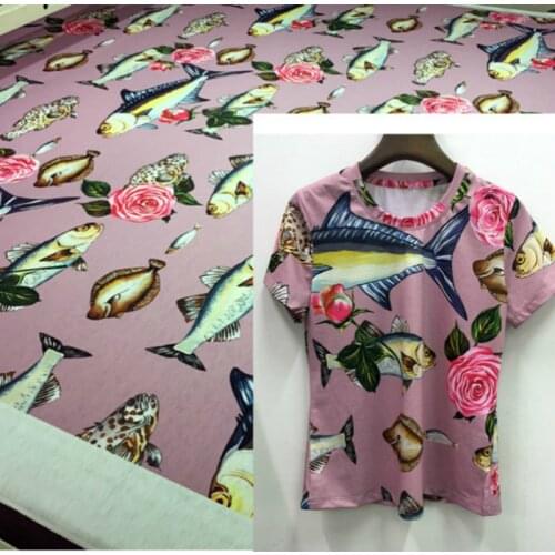 Fish knitted printed polyester fabric cloth 145 cm width T-shirt shirt dress womens children sewing fabric alibaba express
