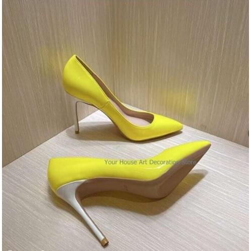 Sexy Woman Light Yellow Thin High Heels Women Slip On Shoes Female Pointed Toe Wedding Party Sexy Pump Shoes