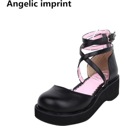Angelic imprint woman mori girl lolita cosplay shoes lady high wedges heels pumps women princess dress party shoes 33-47 buckles