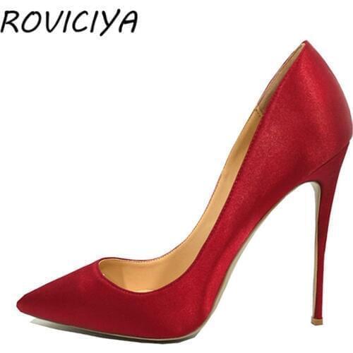 Silk Bridal Pumps Pointed Toe Women Shoes Sexy High Heels 12 cm Red Rose plus size BM005 ROVICIYA