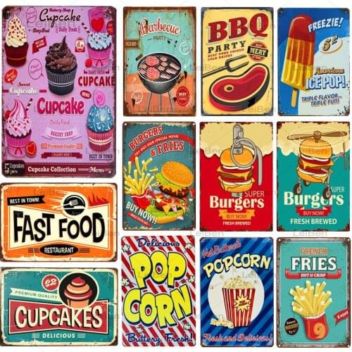 Barbecue Fast Food Vintage Metal Tin Sign Burger Cake Hot Dog Wall Art Poster Home Decor Kitchen Restaurant Retro Metal Plaque