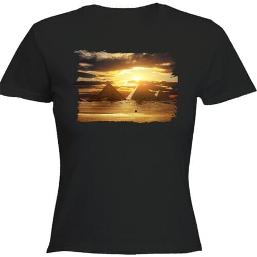 MERCHANDMANIA womens black T-shirt pyramid Egypt GIZA sunset girl fashion polyester tecnica short sleeve offer