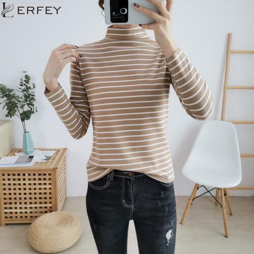 LERFEY Women T-shirt Turtleneck Striped Full Sleeve Stretch Tops Basic Thick Warm Undershirt Casual Slim Pullover Tops