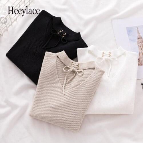 Lace Up Crop Casual Women Sweater Autumn Winter Knitted Pullovers Long Sleeve V Neck Slim Jumper Tops Bandage Sweater