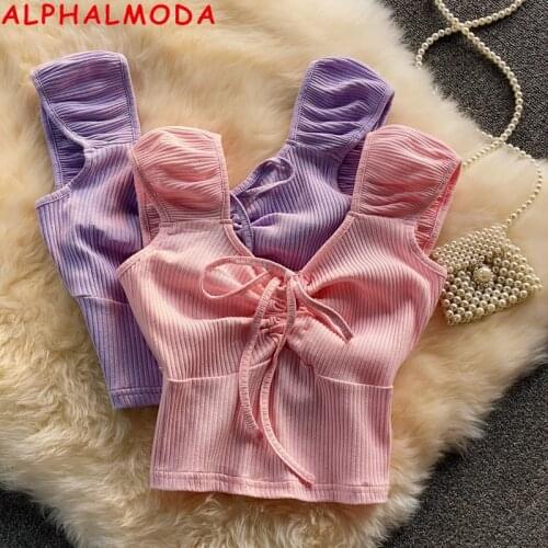 ALPHALMODA 2021 Summer Elegant Tie Knit Top Casual Slim Sleeveless Cropped Vest Womens Fashion Knitted Camis Top