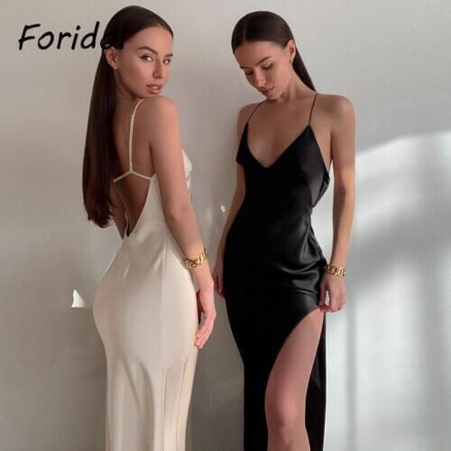 Foridol Black Satin Backless Lace Up Dress Summer Women Evening Party Club Maxi Long Dress Side Slit Female Elegant Vestidos